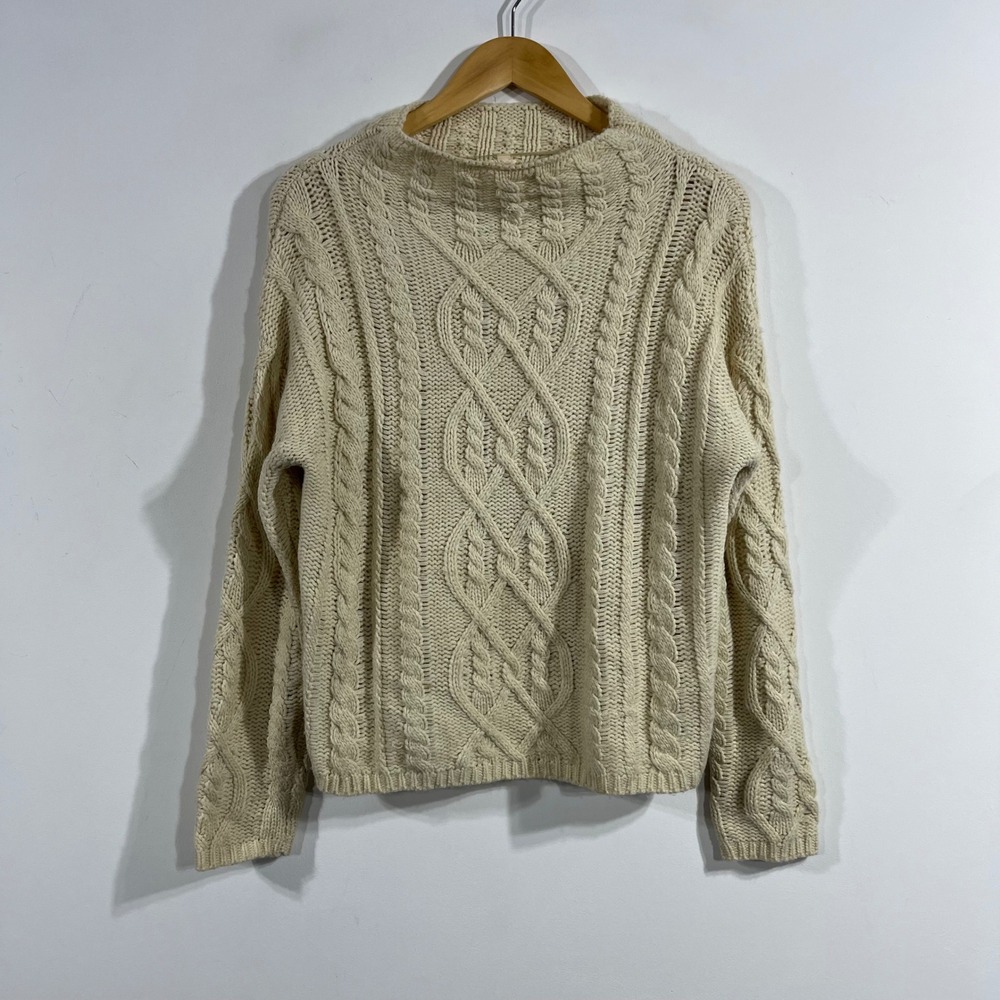 Hem & Thread Fisherman Granola Cream Cable Knit Mock Neck Sweater Women Medium